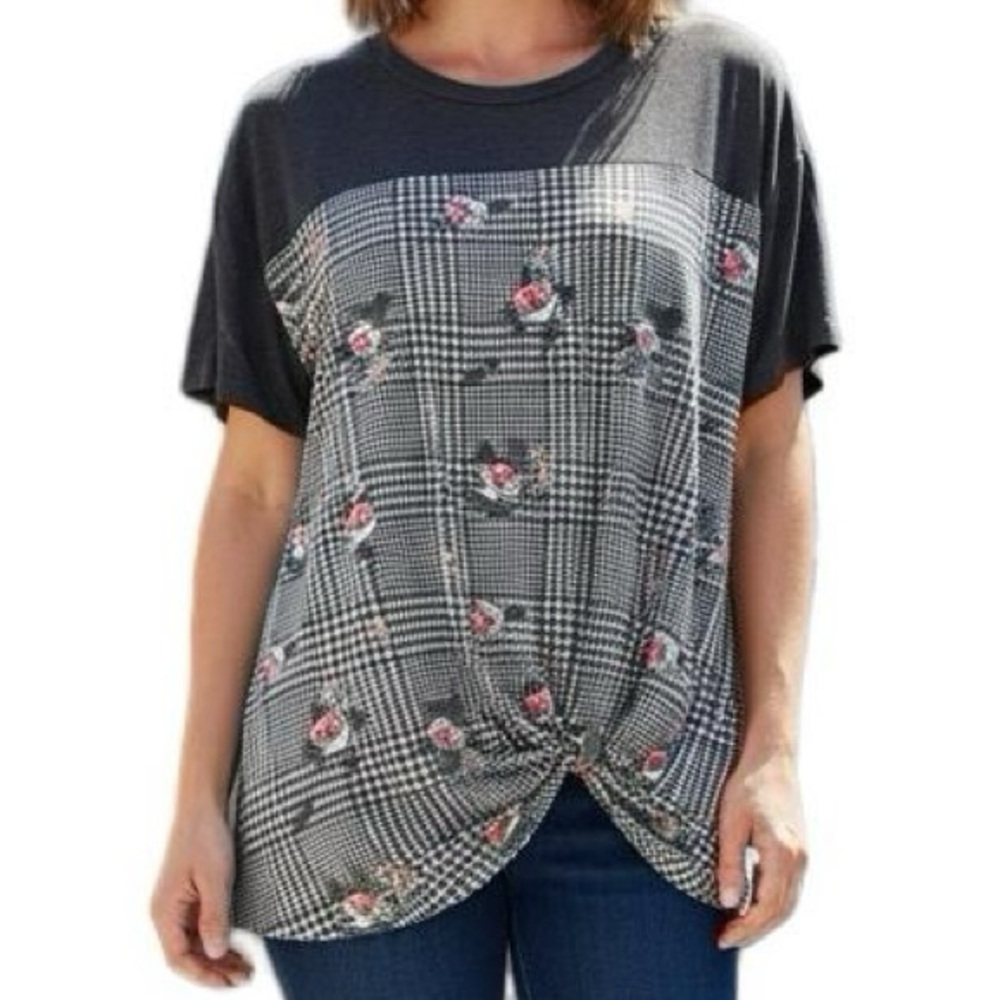 Hopely‎ Color Block Tee: Houndstooth & Floral Print with Front Knot - L, NWOT